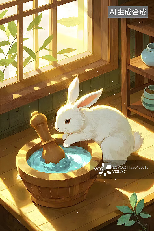 【AI数字艺术】中秋节国潮风玉兔捣药可爱竖版插画图片素材