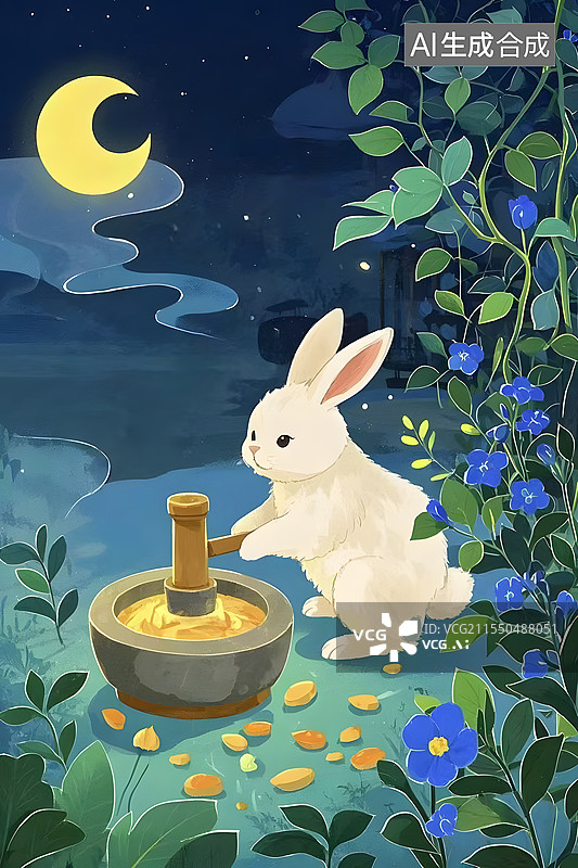【AI数字艺术】中秋节国潮风玉兔捣药可爱竖版插画图片素材