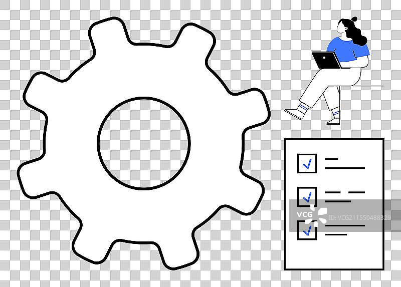 一位女性在巨人旁边用笔记本电脑分析清单图片素材