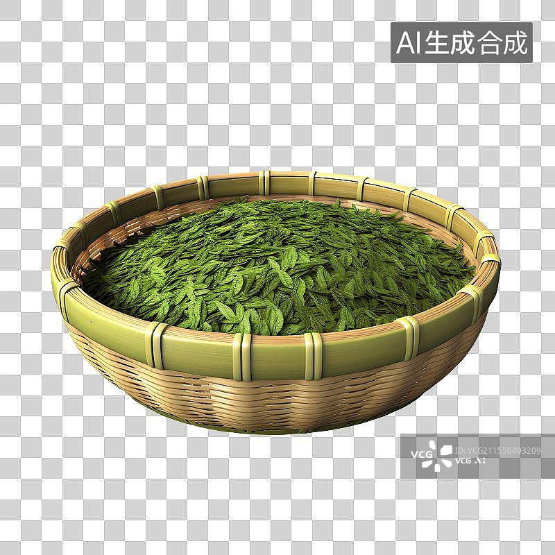 【AI数字艺术】3D渲染，竹篮里的茶叶，西湖龙井，龙井茶，绿茶，春茶，采茶，茶文化免抠元素图片素材
