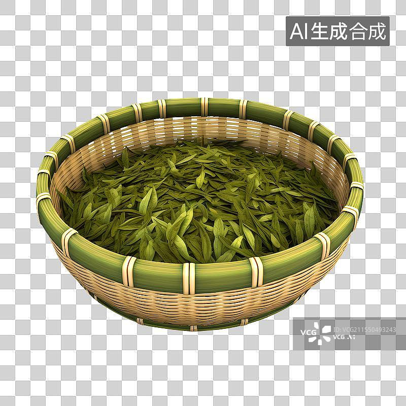 【AI数字艺术】3D渲染，竹篮里的茶叶，西湖龙井，龙井茶，绿茶，春茶，采茶，茶文化免抠元素图片素材