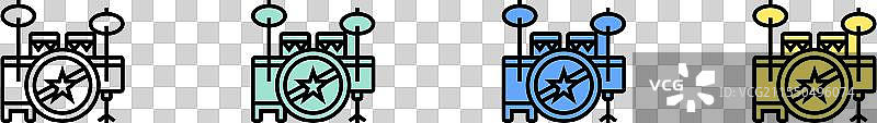 鼓组图标轮廓，绿色、蓝色和黄色风格图片素材