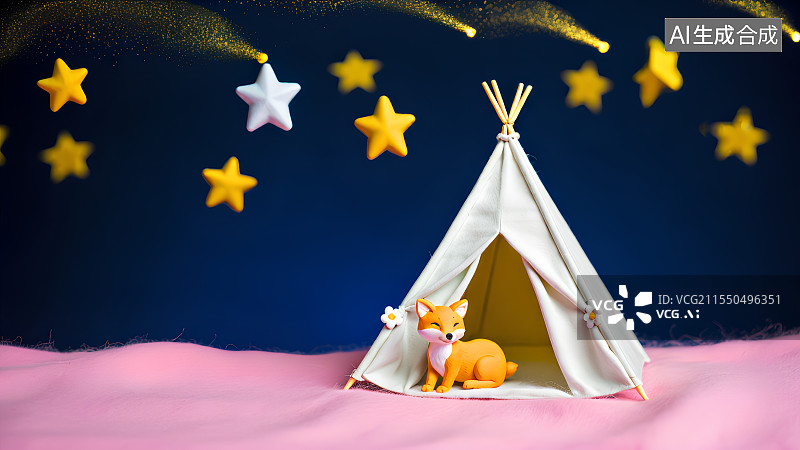 【AI数字艺术】3D渲染，毛毡质感插画，夜晚星空下的帐篷，露营，自驾游，旅游，旅行，海报，背景图，壁纸图片素材
