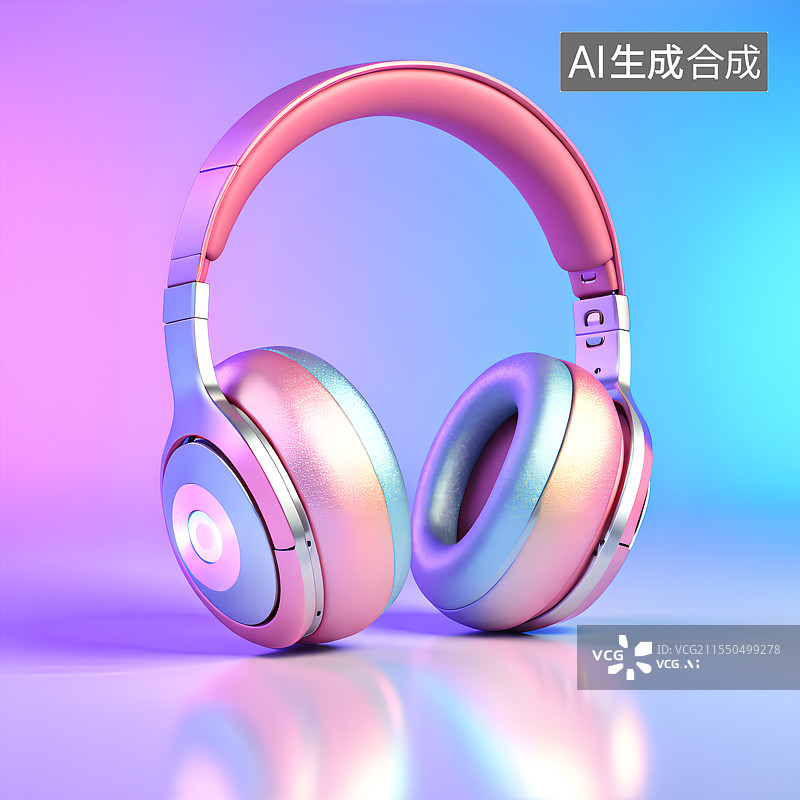 【AI数字艺术】3D渲染，赛博朋克风格粉色耳机，激光镭射质感耳机图片素材