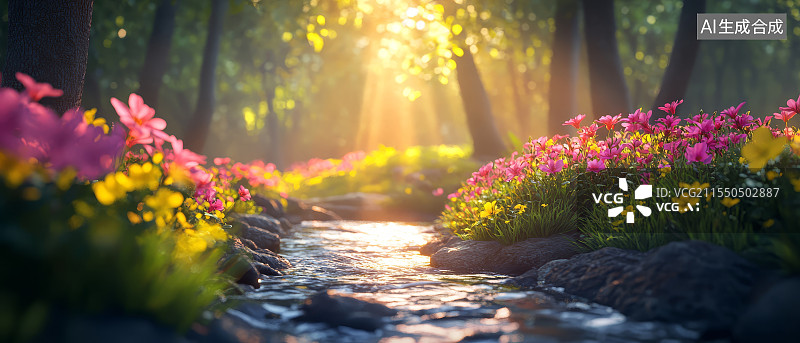 【AI数字艺术】夕阳下花园小径两侧盛开的五彩花朵与绿色植物图片素材
