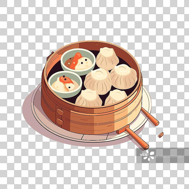美味的点心盛放在竹蒸笼中图片素材