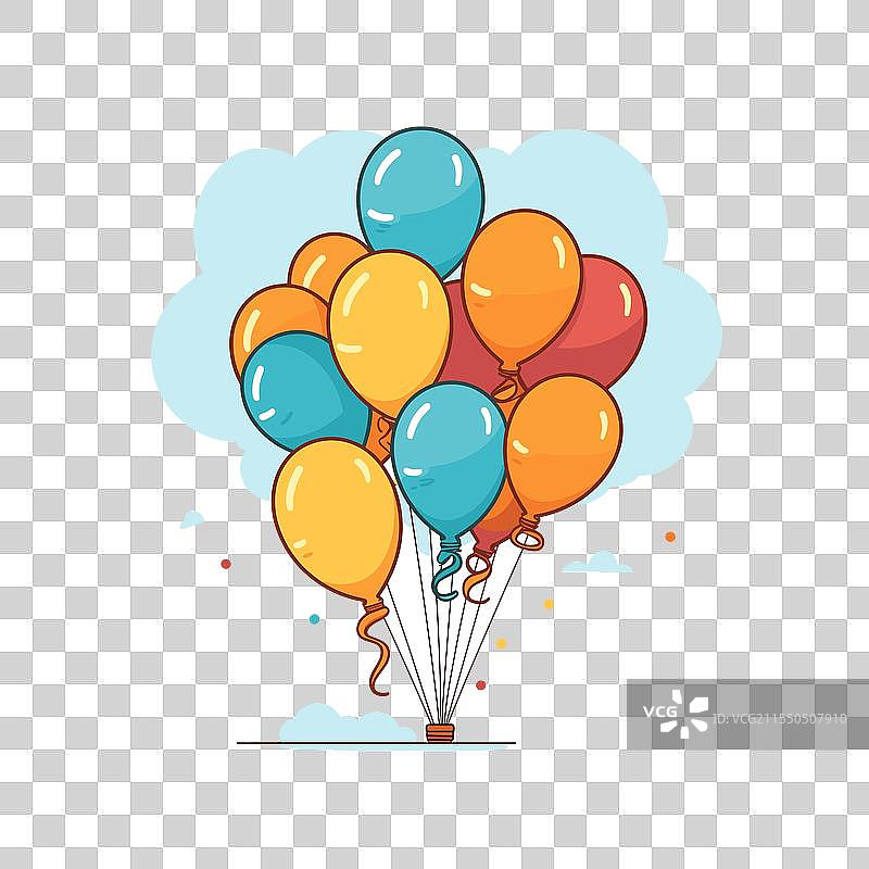 五彩缤纷的气球束漂浮在晴朗的天空中图片素材