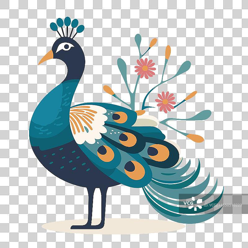 五彩斑斓的孔雀优雅地伫立在盛开的花朵中图片素材