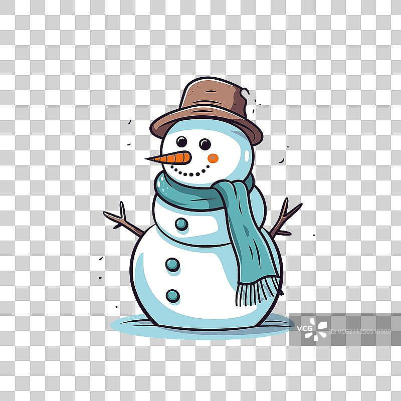 雪人戴着棕色帽子和蓝色围巾，身处冬季。图片素材