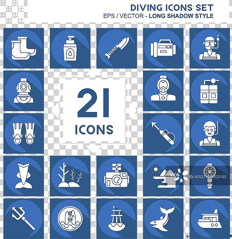 与海洋相关的潜水图标集，带有长阴影效果图片素材