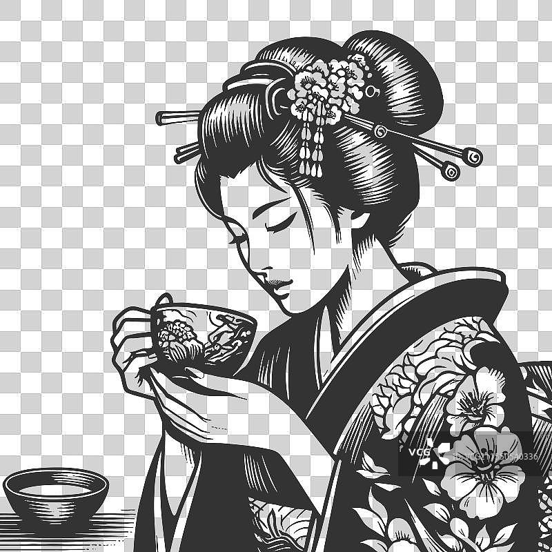 享受茶道的艺伎雕刻图片素材