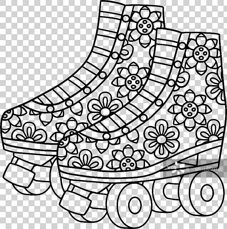 带花朵图案的溜冰鞋，孤立着的涂色图案图片素材