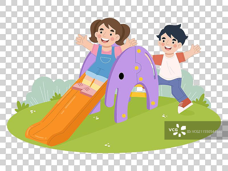 快乐的孩子们在滑梯上玩耍的卡通画图片素材