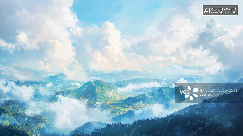 【AI数字艺术】山云交织的天空与远景图片素材