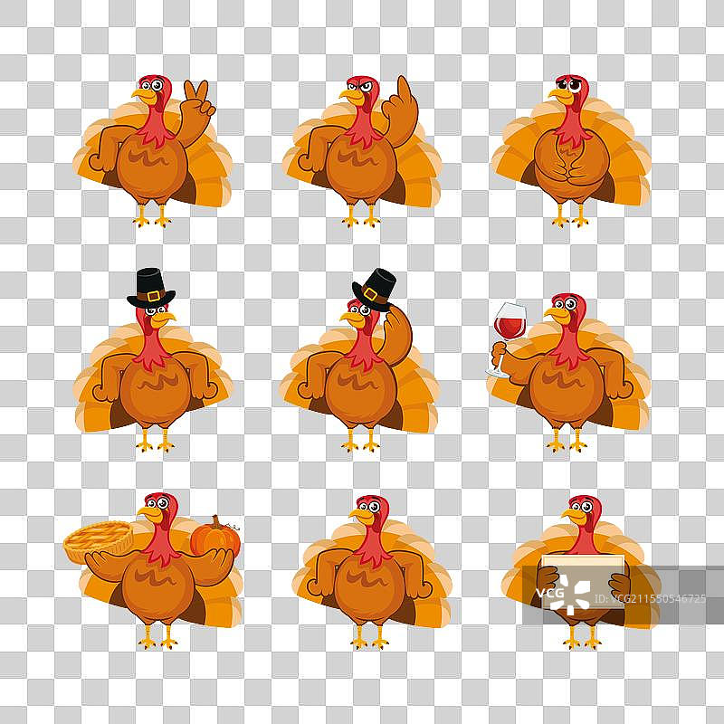 感恩节搞笑火鸡图标集图片素材