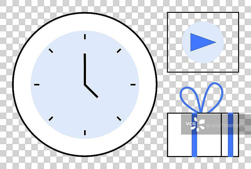 极简风格的时钟，带播放按钮和礼品盒图片素材