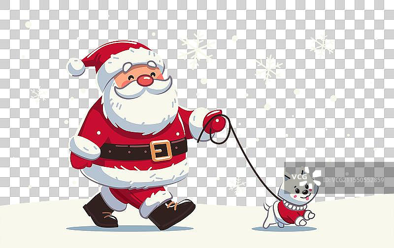圣诞老人牵着狗在雪中散步，节日气氛愉快。图片素材