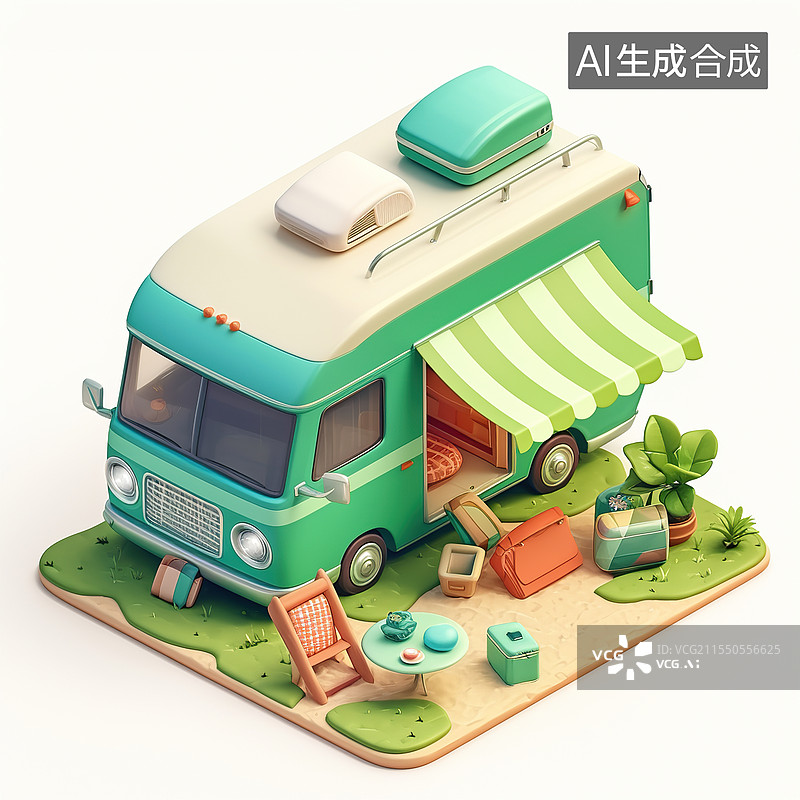 【AI数字艺术】户外旅行房车3D卡通插画图片素材