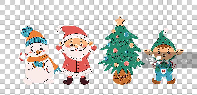 圣诞老人、精灵、雪人和圣诞树物品组合图片素材
