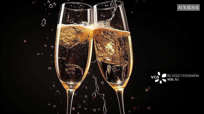 【AI数字艺术】黑色背景下的香槟酒杯特写镜头图片素材