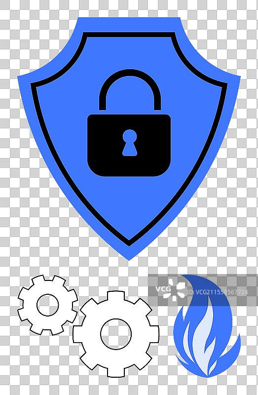 蓝色盾牌与锁图标，技术齿轮和图片素材