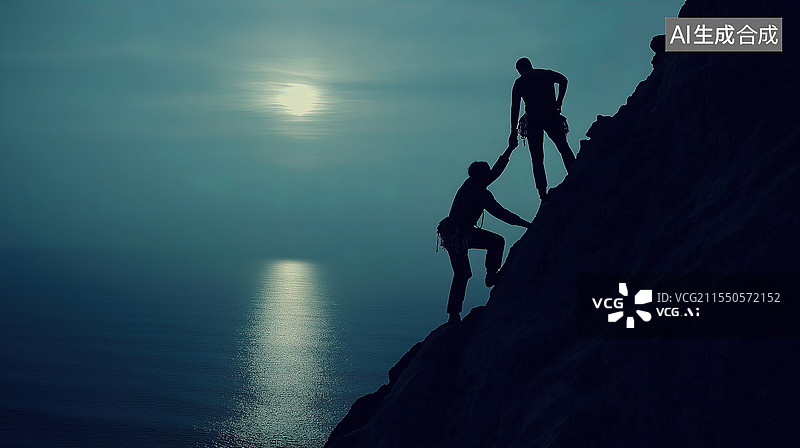 【AI数字艺术】攀登互助：月光下的团队协作图片素材