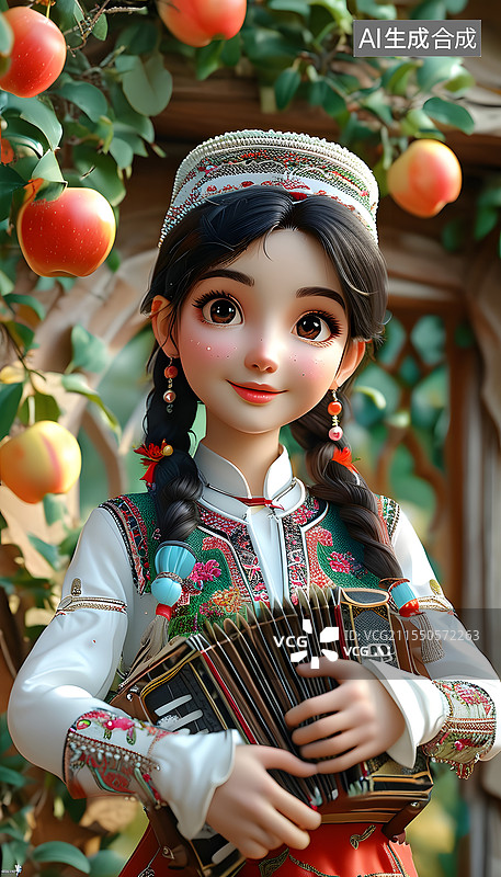 【AI数字艺术】塔塔尔族-中国少数民族少女可爱治愈系Q版插画图片素材