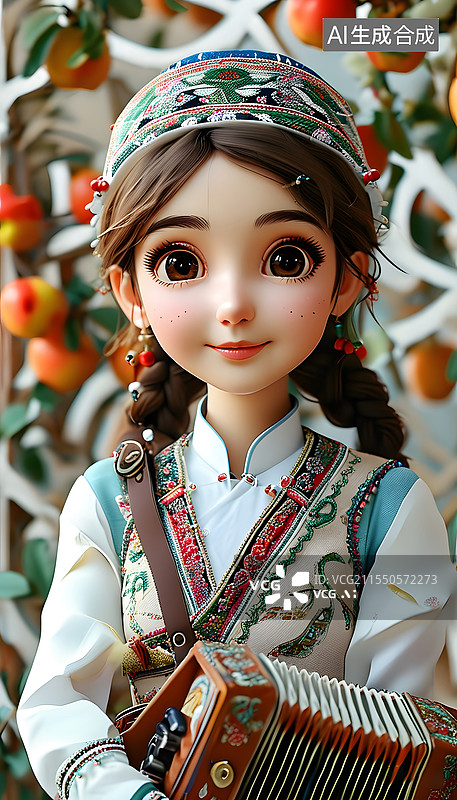 【AI数字艺术】塔塔尔族-中国少数民族少女可爱治愈系Q版插画图片素材