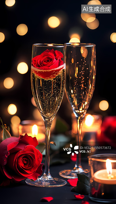 【AI数字艺术】玫瑰香槟烛光营造浪漫氛围图片素材