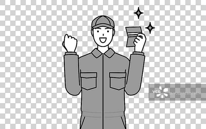 穿着工作服的机械师看到一个人感到高兴图片素材