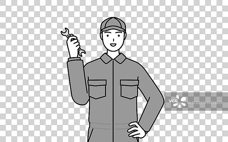 穿着工作服的机械师手持扳手图片素材