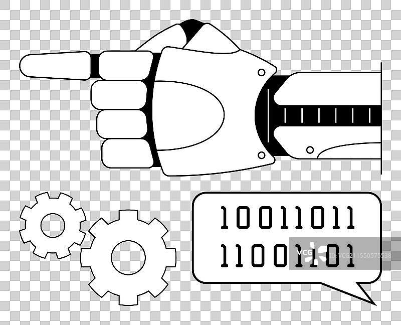 机械手指向带有二进制代码的对话气泡图片素材