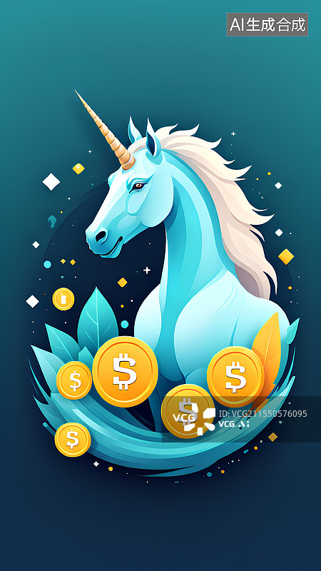 【AI数字艺术】独角兽和金币图片素材