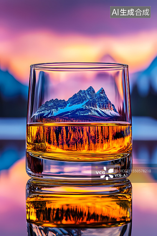 【AI数字艺术】杯中盛景山林与琥珀色酒液图片素材