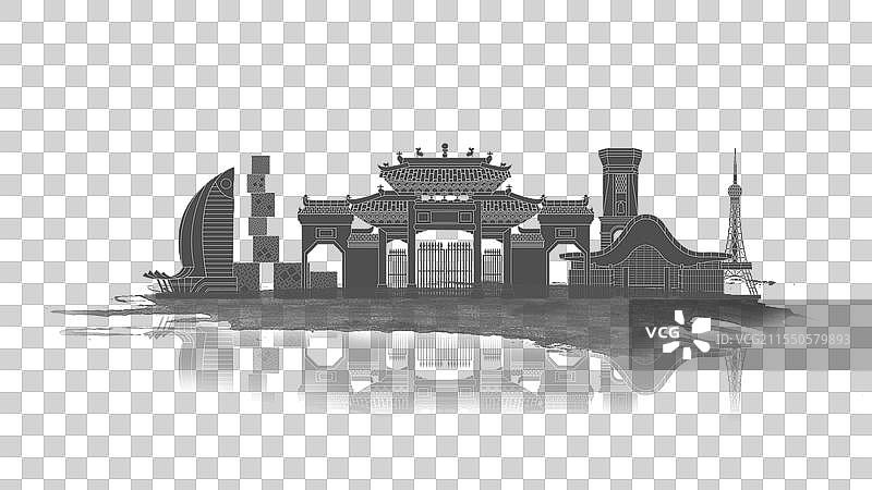 佛山中国风水墨城市毛笔建筑水彩画山水城市图片素材