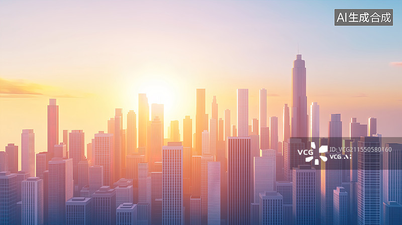 【AI数字艺术】金色晨曦下的城市剪影图片素材
