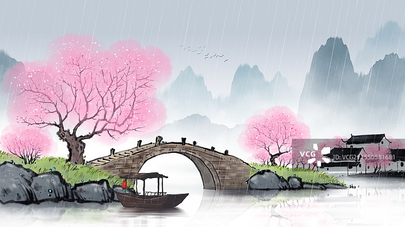 清明节二十四节气山水风景桃花杏花雨水谷雨节气插画图片素材