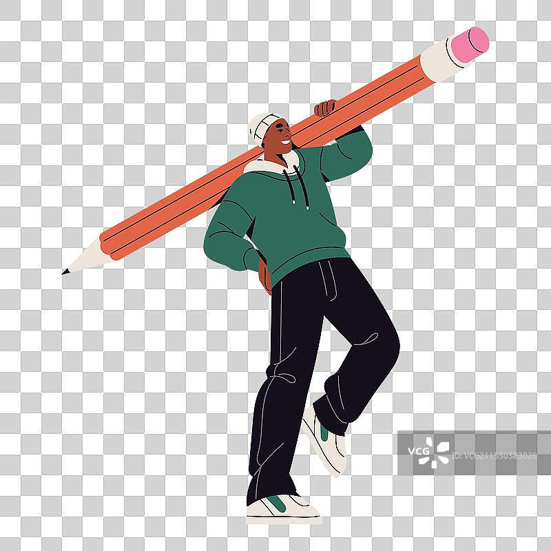 快乐的男孩手持铅笔，年轻人拿着石墨图片素材