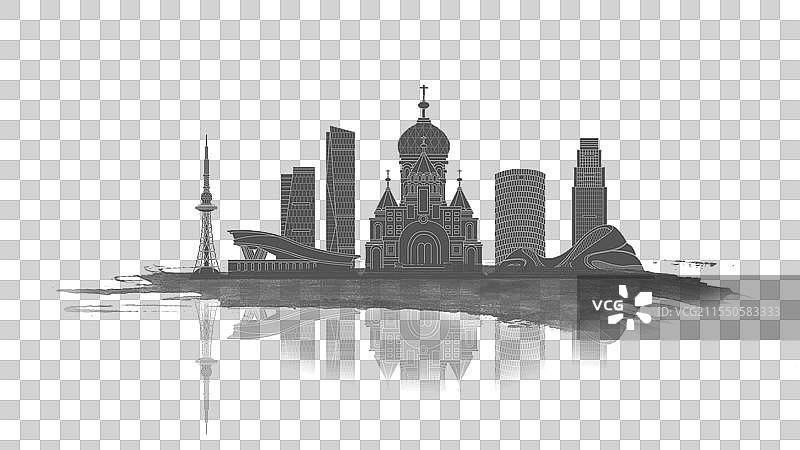 哈尔滨中国风水墨城市毛笔建筑水彩画山水城市图片素材
