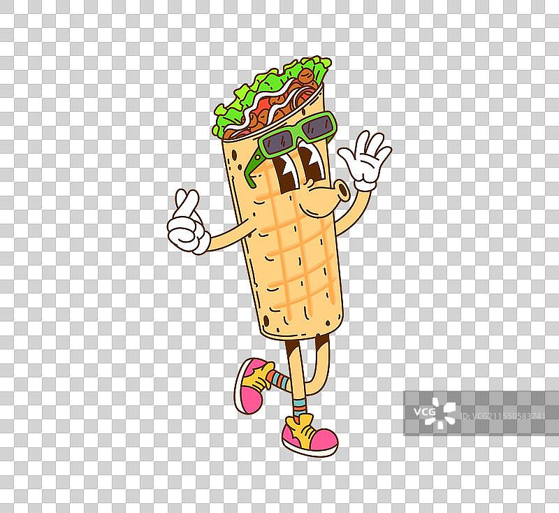 复古卡通风格的时髦快餐沙威玛或卷饼图片素材