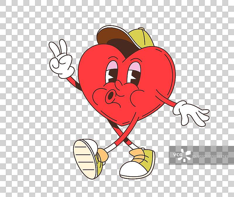 复古风格的卡通人物，充满快乐与爱的心形图案图片素材