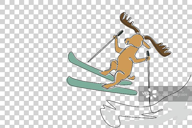 单线连续画的驼鹿滑雪图片素材