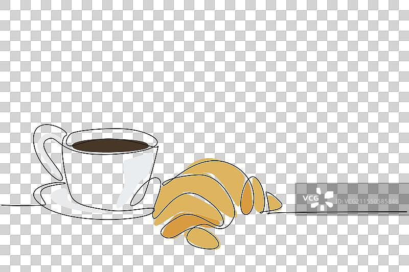 连续一笔画的可颂面包与咖啡图片素材