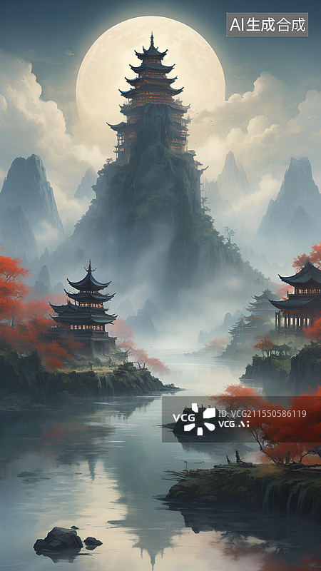 【AI数字艺术】国风山水建筑水墨画图片素材