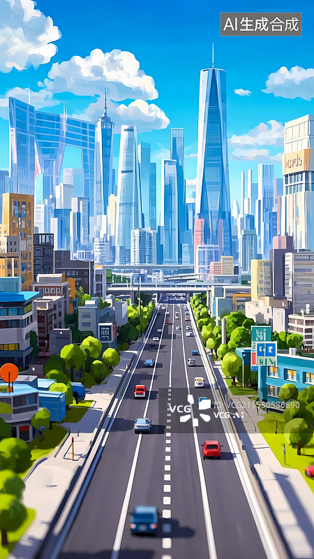 【AI数字艺术】城市道路交通插画图片素材