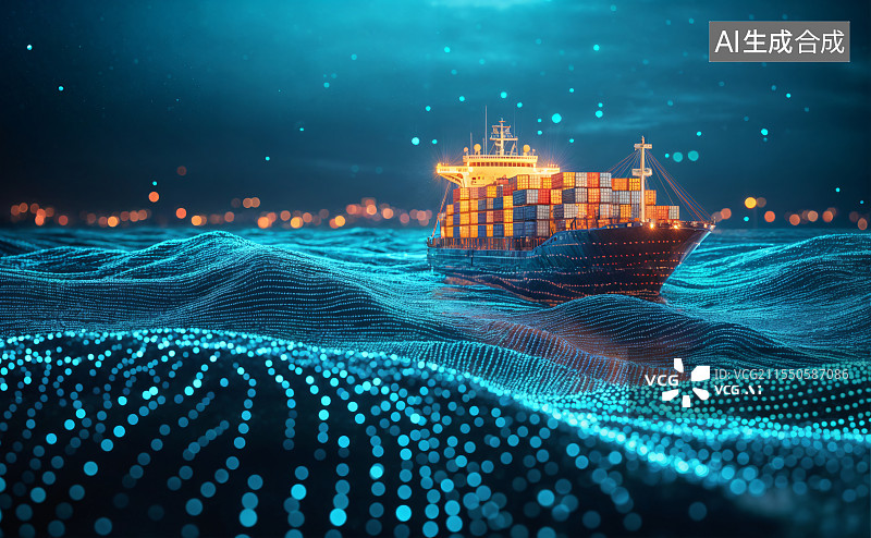 【AI数字艺术】蓝色海面上，巨大货轮破浪前行，数字科技背景加持，尽显工业与未来感交融的海上运输场景。图片素材