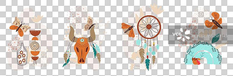 手绘波西米亚风格的自然元素组合图片素材