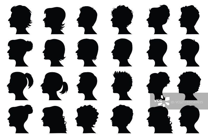 男性和女性头部轮廓剪影集，独立扁平设计图片素材