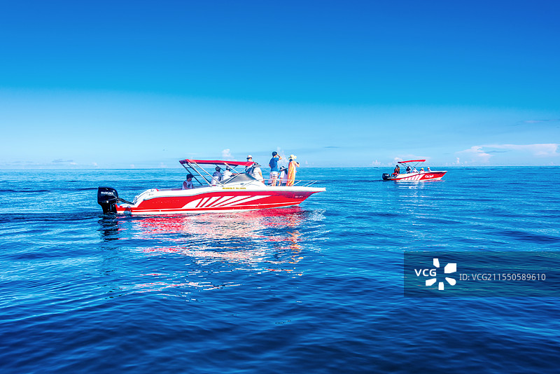 非洲毛里求斯海豚湾乘快艇追海豚图片素材