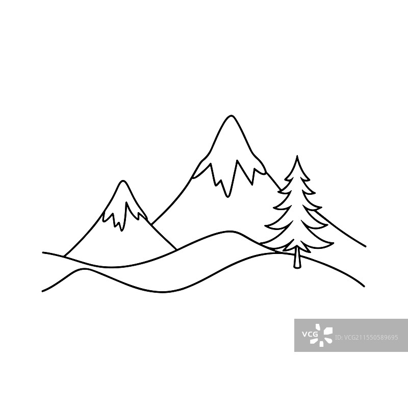 松树环绕的山地风景连续线条图片素材